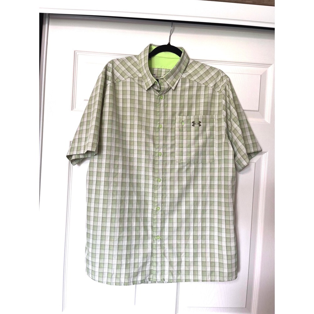Under‎ Armour Mens Green Plaid Short Sleeve Button Down Shirt Fitted Large